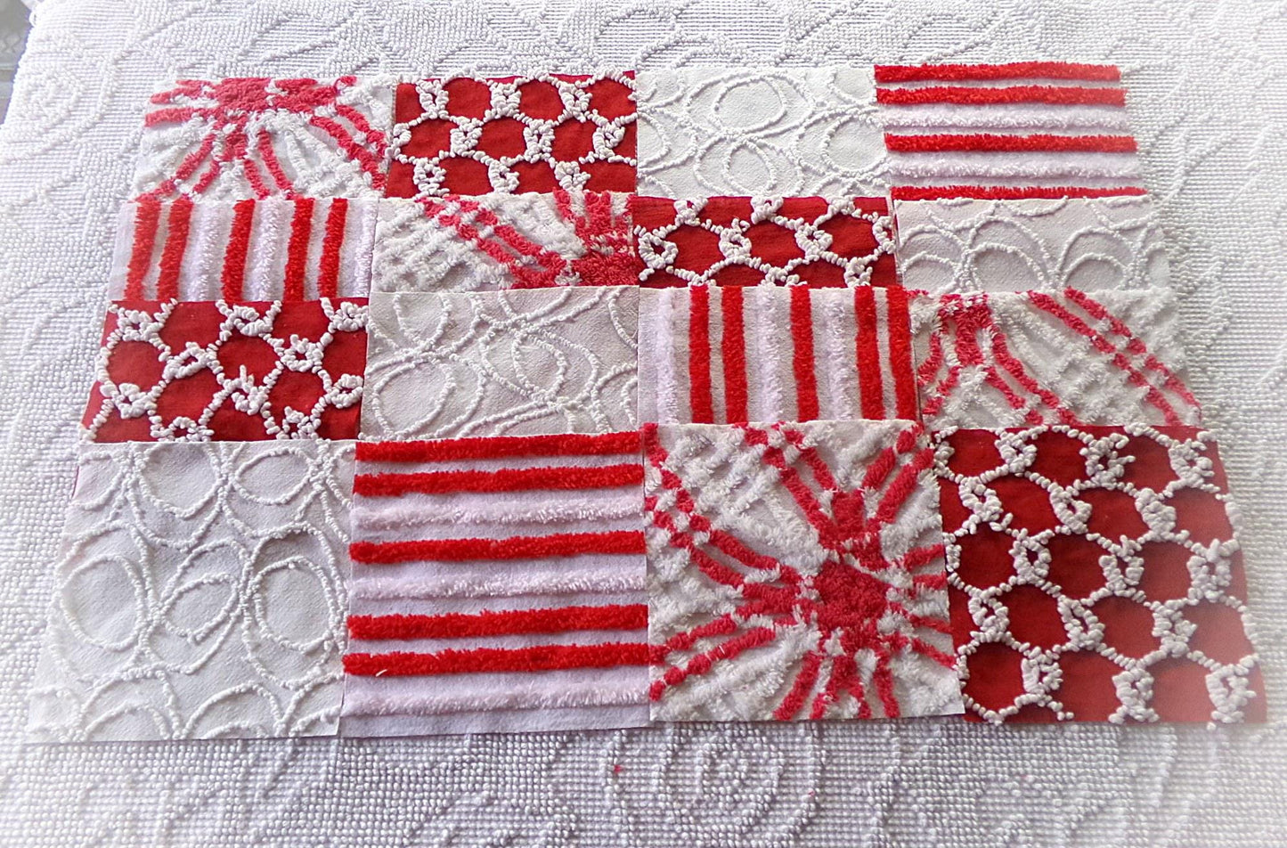 candy canes chenille fabric squares, red & white vintage craft square set of 16 blocks, 6" x 6" inch, great for Christmas stockings