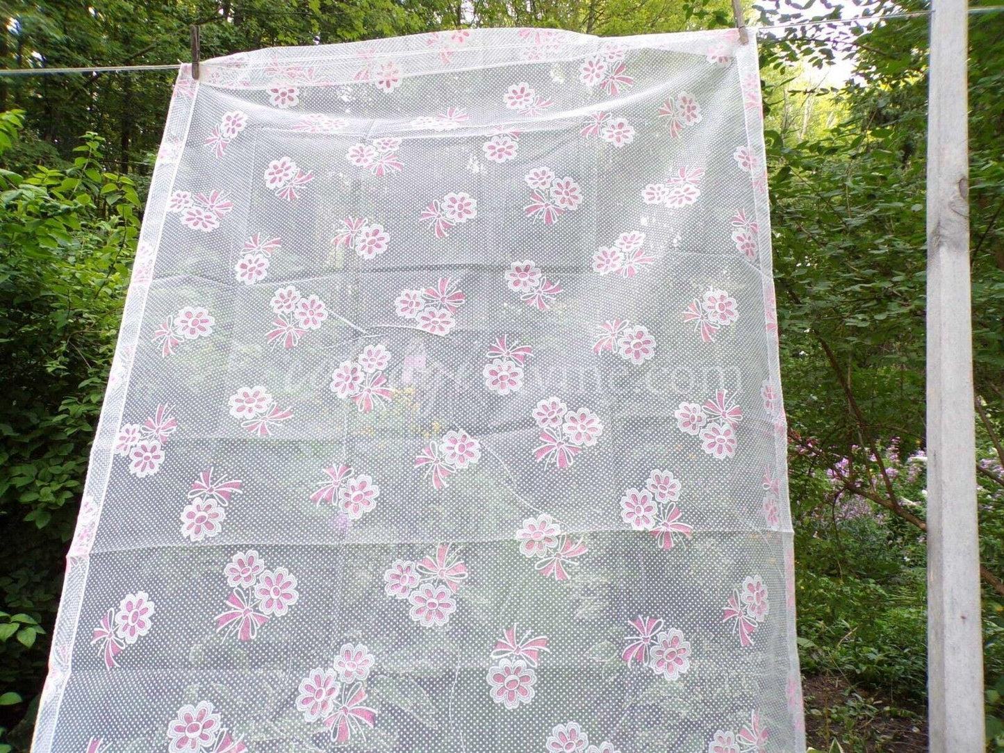Vintage Flocked Curtain, Petal Pink Daisy & Dot Pattern, SINGLE Sheer Panel, 72"L