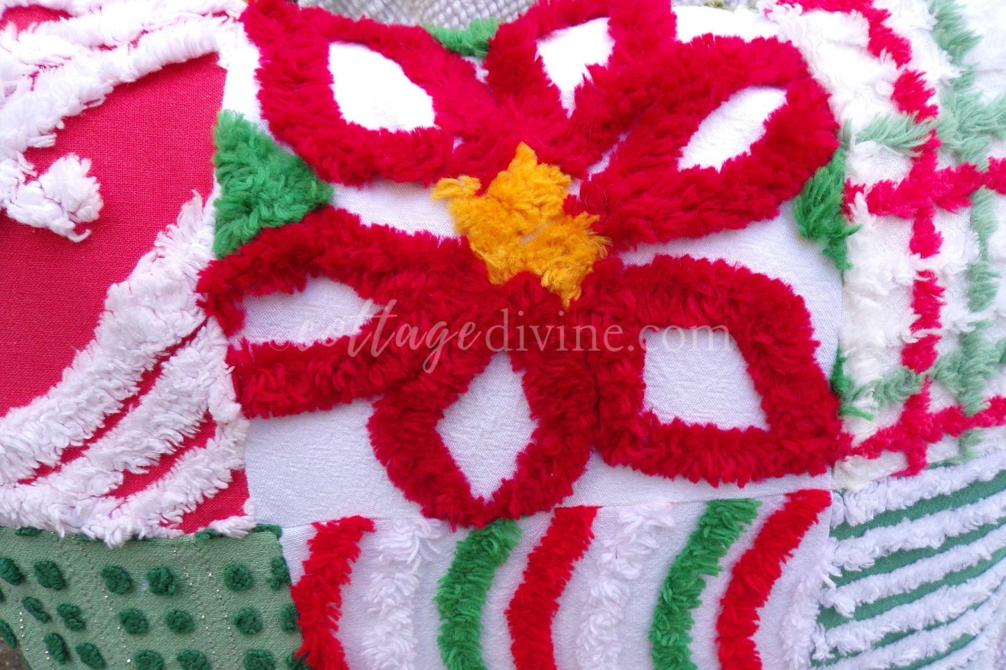 Christmas Patchwork Chenille Pillow Cover 16" x 16" inch Square, REVERSIBLE Accent Pillow Designed from Vintage Chenille Bedspread Fabric