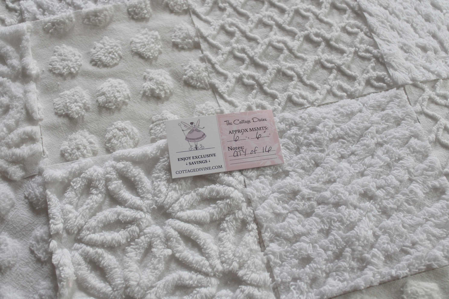 Fresh Snowfall Graceful White Chenille Quilt Squares Set, from Vintage Bedspread Fabric, 16 Blocks, 6" inch