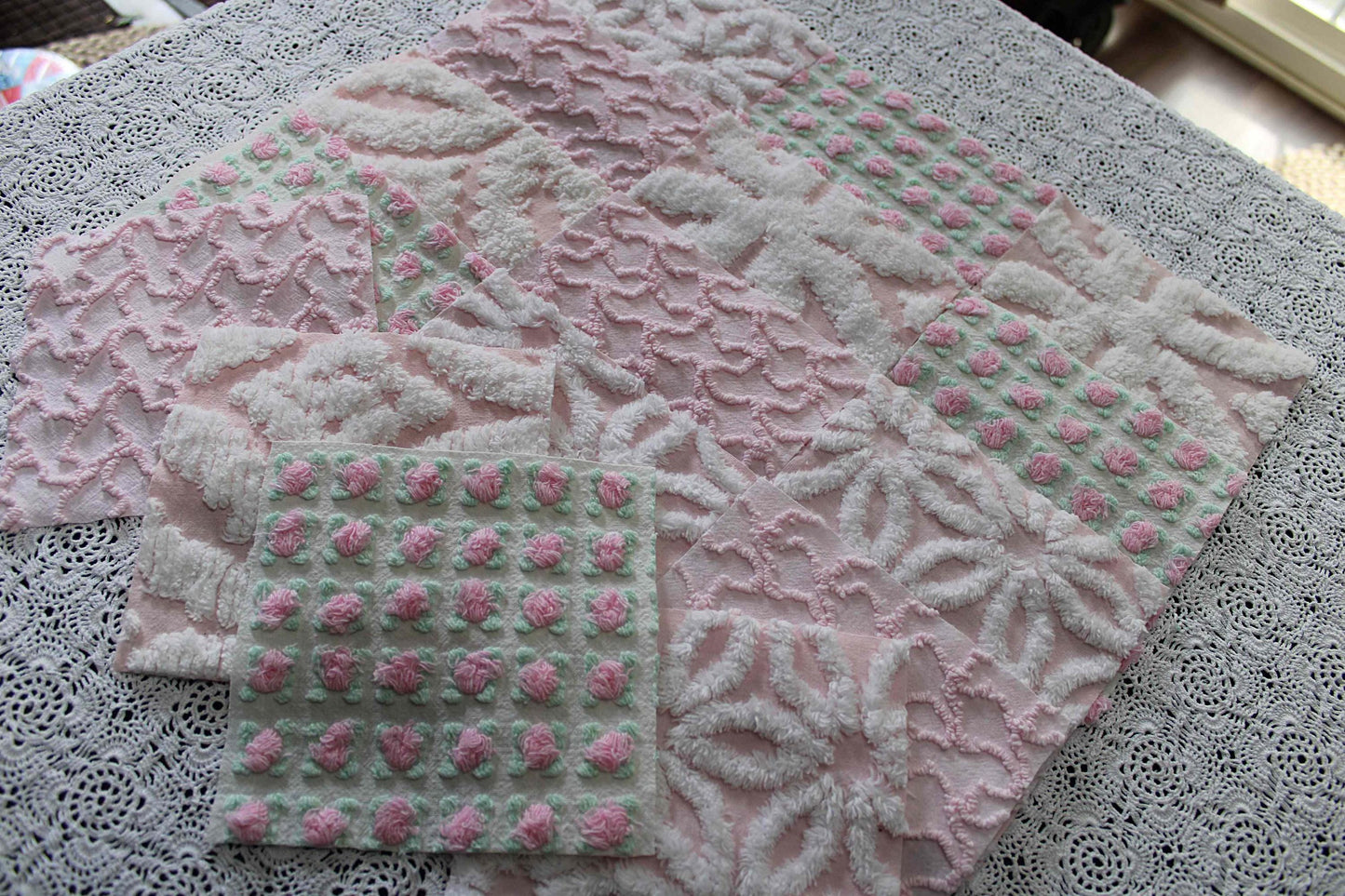 fairy pink chenille fabric squares, cottage rosebud & daisy, 16 vintage quilt blocks 6" x 6" inch, for patchwork pillows, quilting, crafts
