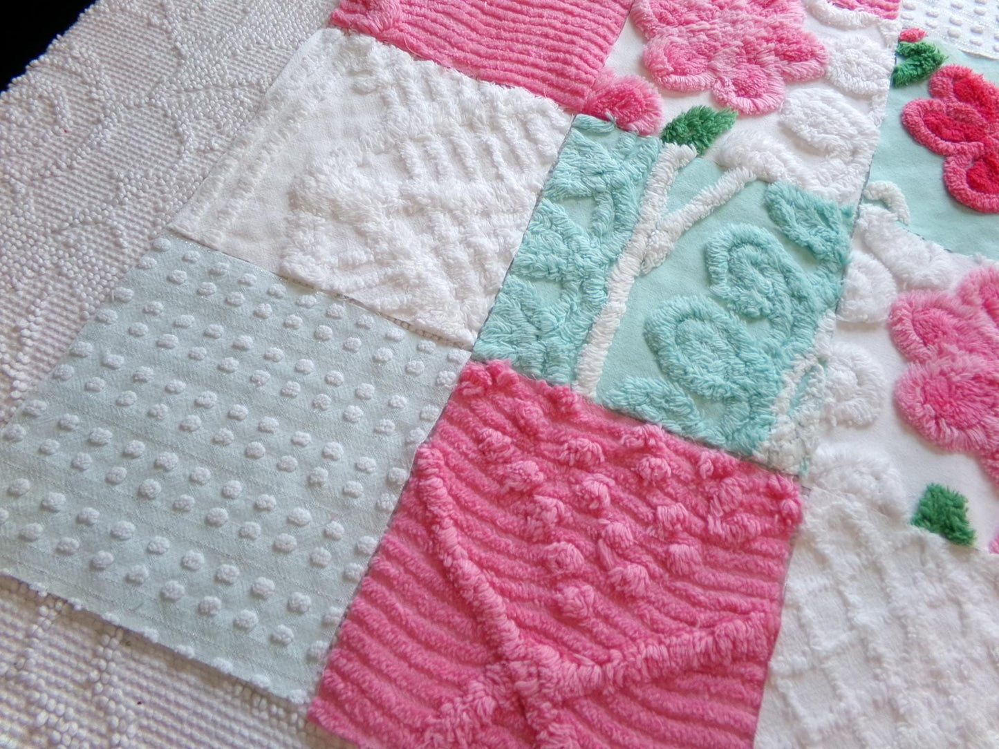 seafoam & pink 6" chenille squares, set of 16 quilt blocks rotary cut from vintage chenille bedspread fabrics