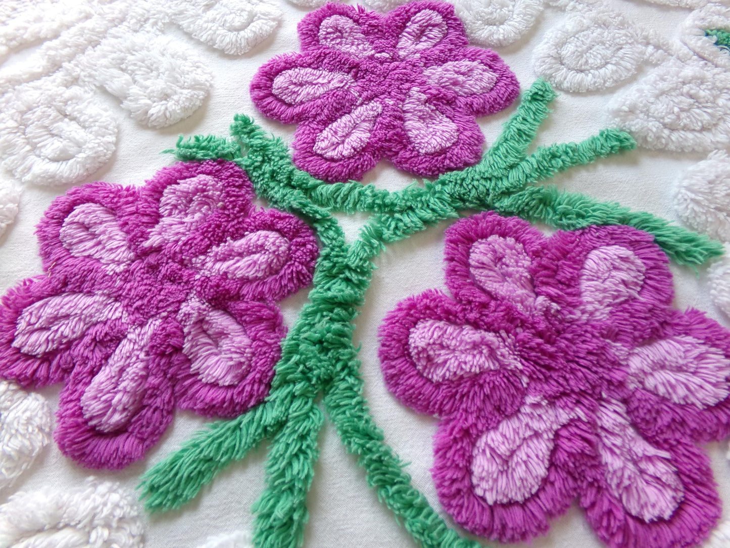Whimsical Violets Vintage Chenille Fabric, 18" x 20" Inch Piece Plush White Cotton Sewing Material, Great for DIY Pillow