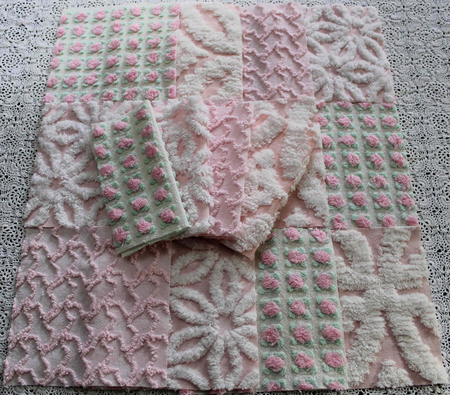 fairy pink chenille fabric squares, cottage rosebud & daisy, 16 vintage quilt blocks 6" x 6" inch, for patchwork pillows, quilting, crafts