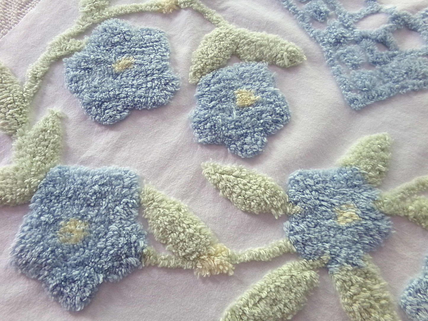 Blooming Blue Flowers Vintage Style Chenille Fabric, 24" x 28" inch Piece, 100% Cotton with Plush Florals, Great for Pillows