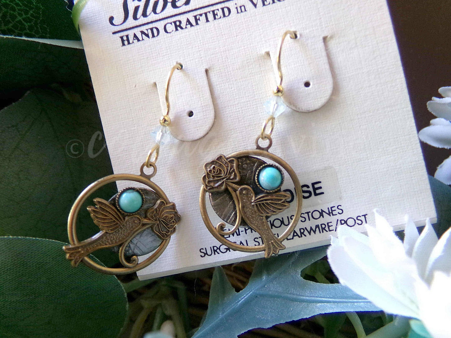 Hummingbird Rose Pierced Dangle Earrings, Turquoise Accent Vintage Style Silver Forest Vermont Boho Design
