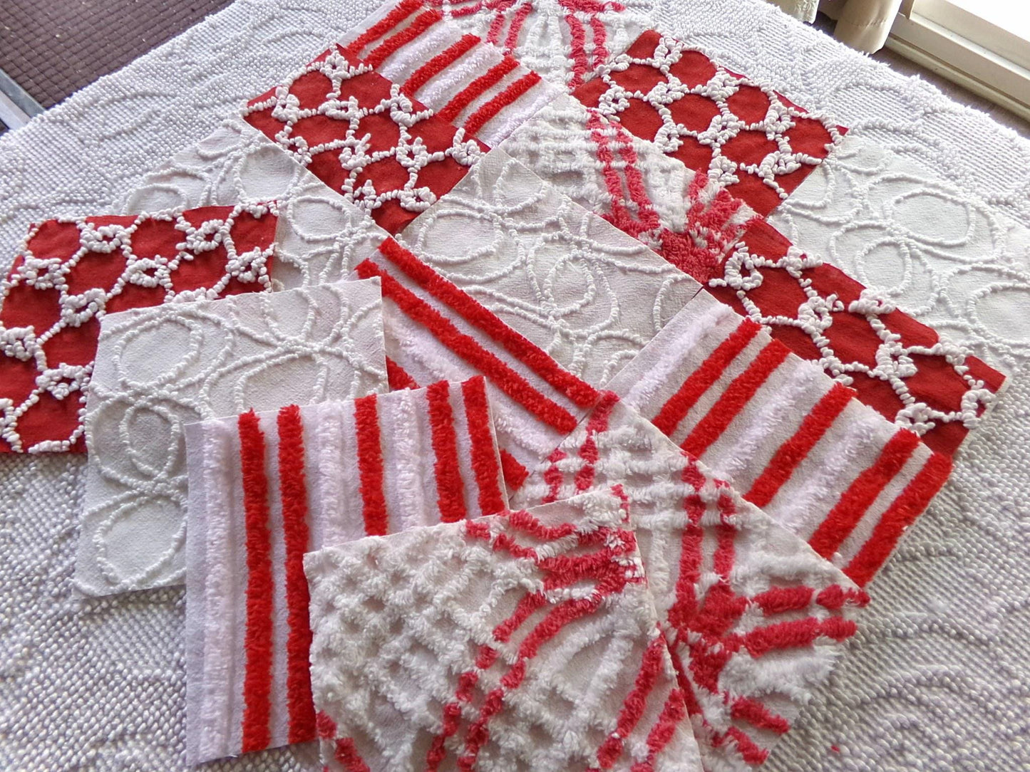 candy canes chenille fabric squares, red & white vintage craft square set of 16 blocks, 6" x 6" inch, great for Christmas stockings