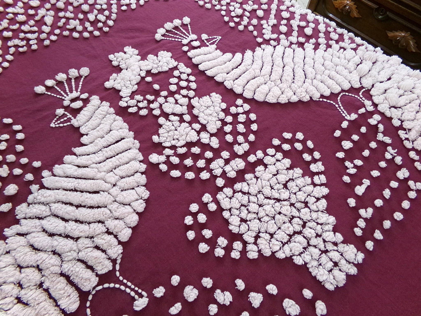 Antique Peacock Chenille Bedspread, Shabby Vintage Victorian Handmade Coverlet in Deep Wine with Snow White Tufting, Full Size Bedding