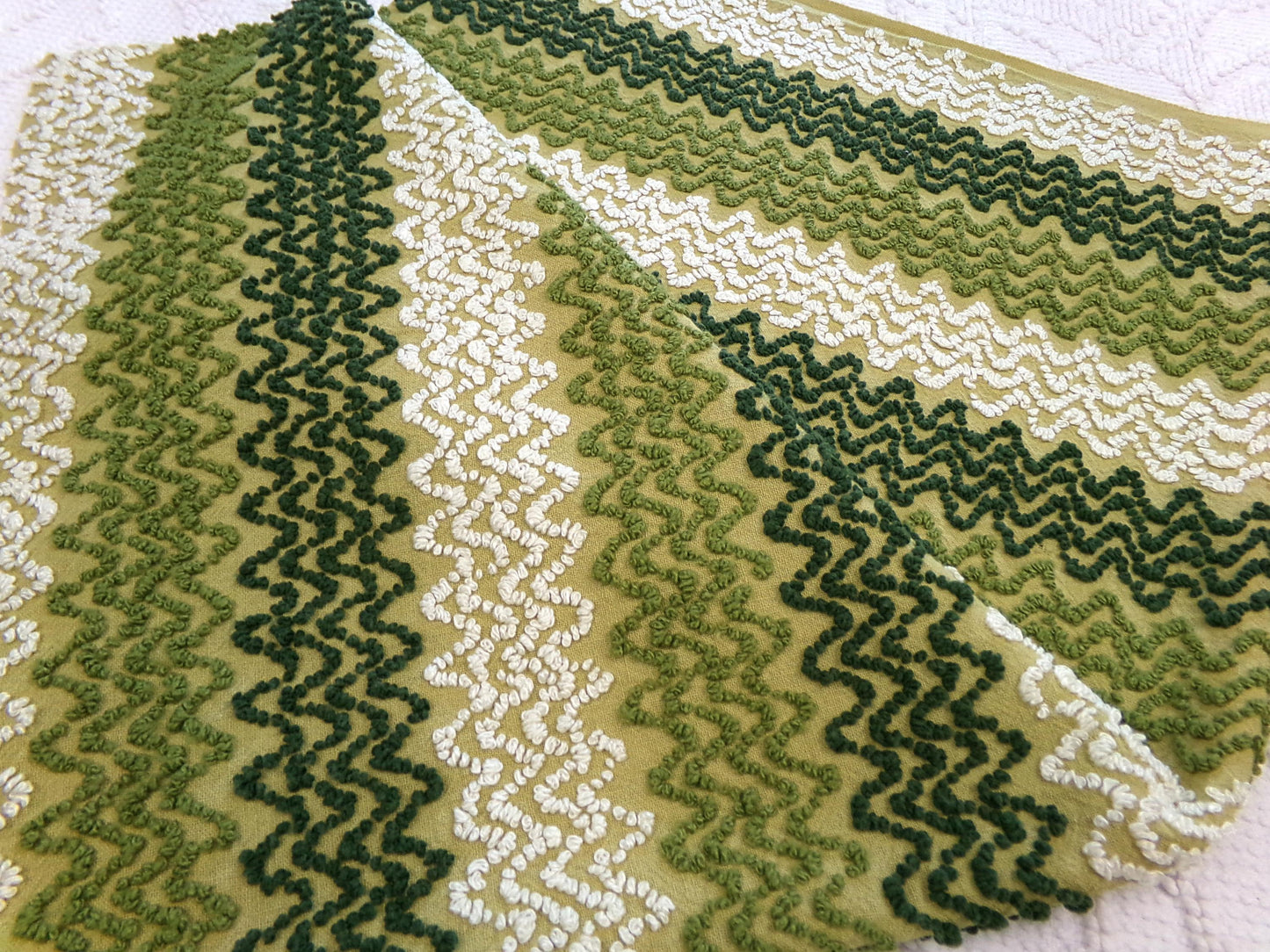 groovy green zig zag vintage chenille fabric, earthy avocado, olive textured pattern, 18" x 24" cut piece for arts & crafts
