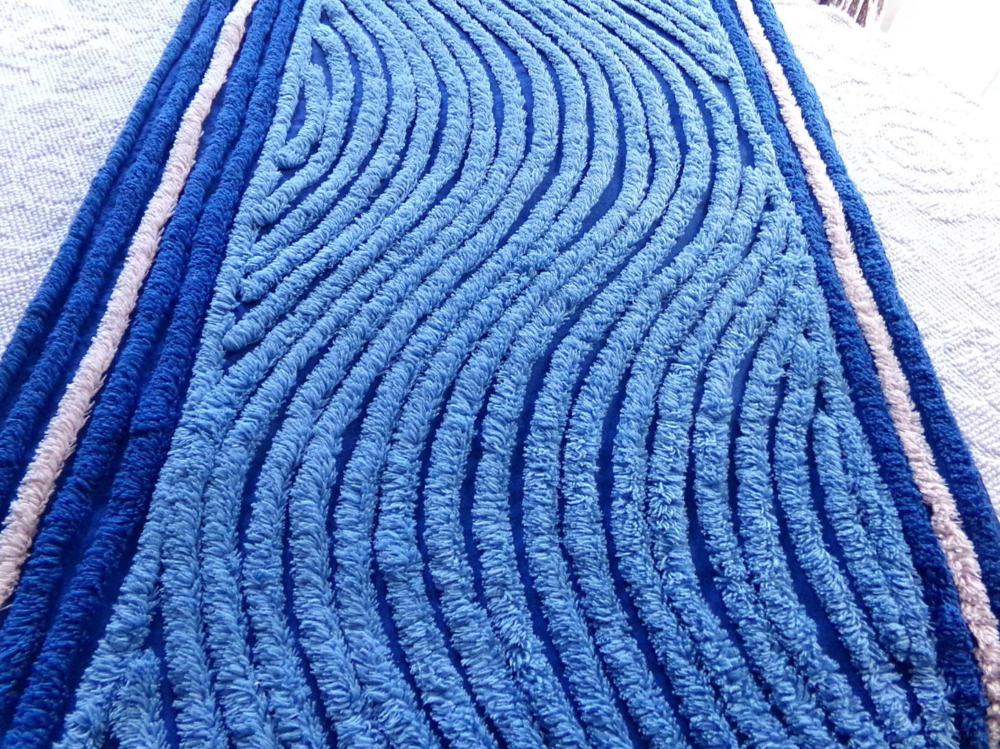 ocean waves chenille fabric, deep velvety mystic blue, 19" x 25" inch piece of vintage sewing material for pillow, quilts, doll blankets