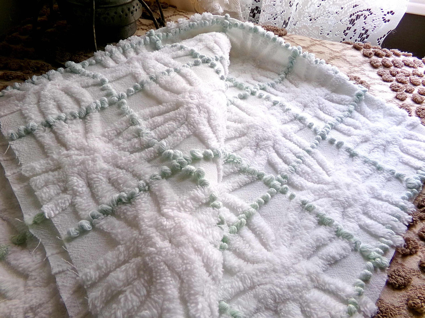 Popular Vintage Chenille Quilt Fabric, Mint Green Pearl Pops & White Spider Rings, 25" x 18" inch Piece