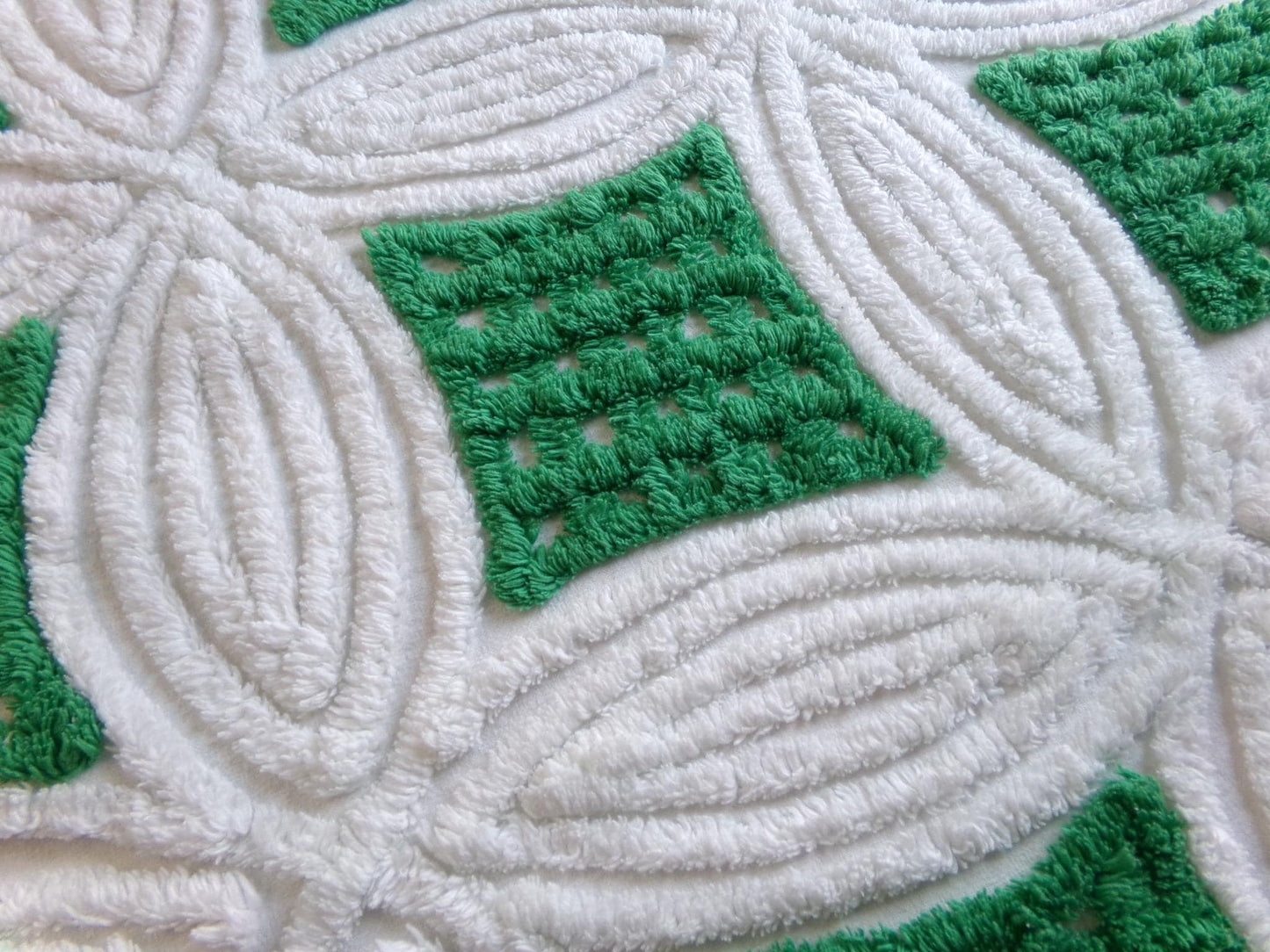 preppy chenille fabric, plush kelly green & white 23" x 20" inch piece of vintage sewing material for pillows, quilting, crafts