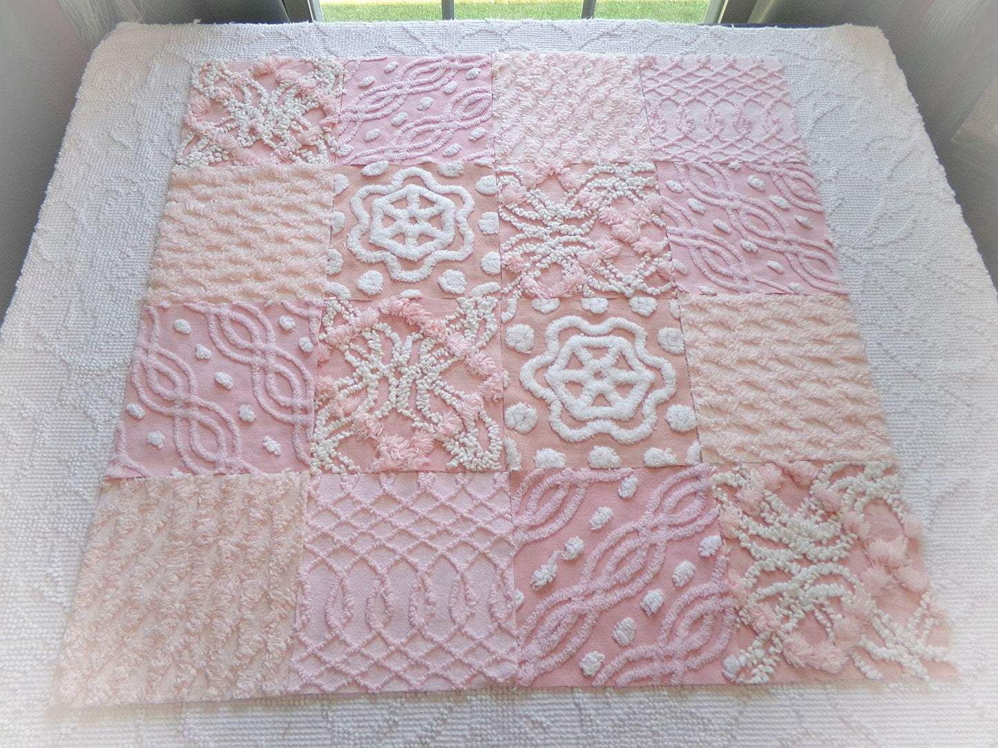 feminine glow vintage 6" chenille squares, set of 16 quilt blocks, rotary cut from pink & peach vintage chenille bedspread fabrics
