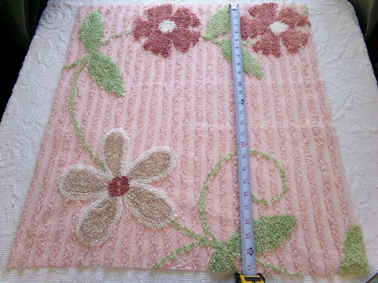 Rosy Pink Floral Vintage Chenille Fabric, Wideset Climbing Daisy Flower Design, 25" x 24" inch Piece of Cotton Sewing Material