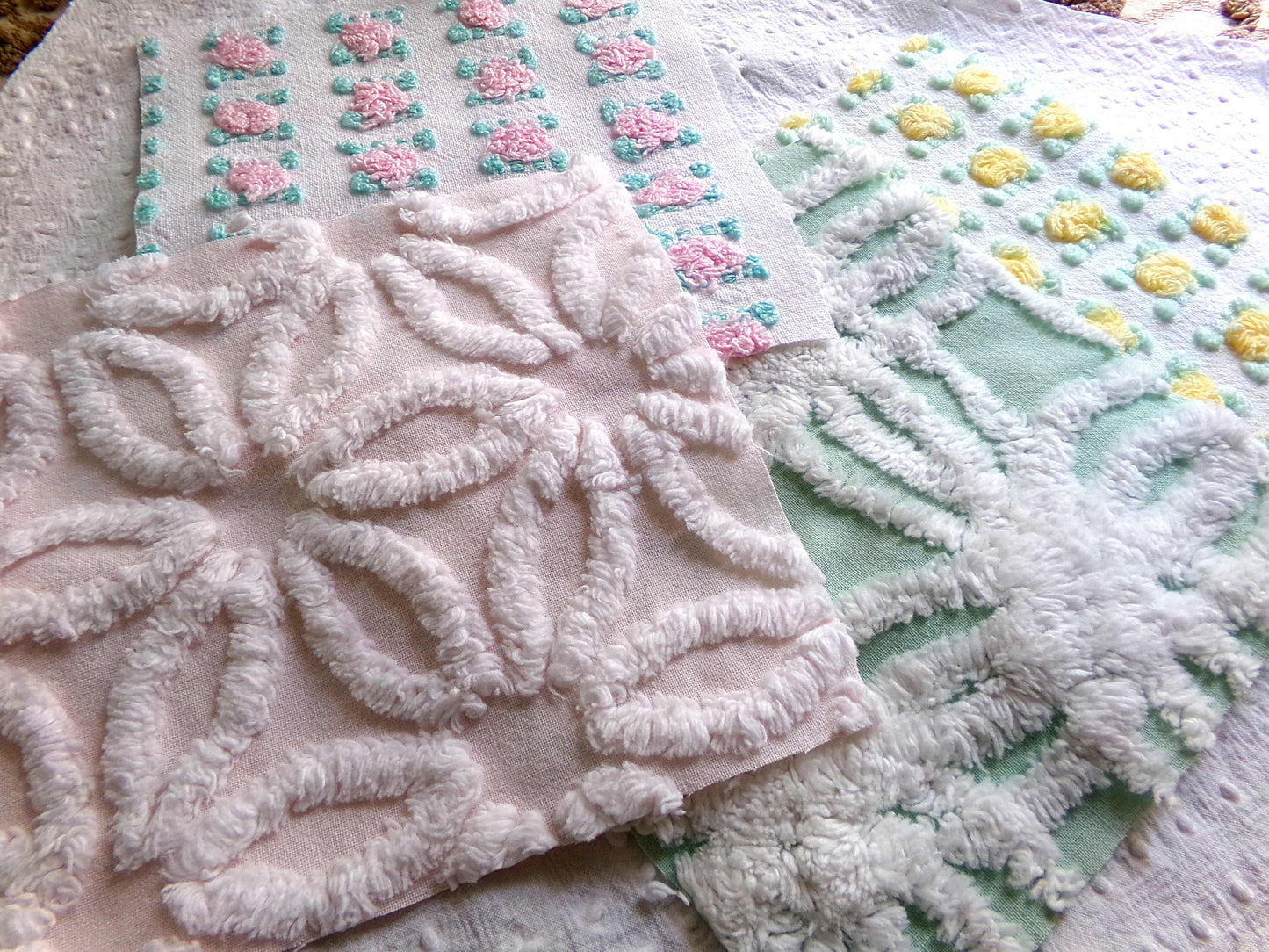 spring medley vintage chenille fabric squares, set of 16 pretty 6" quilt blocks, yellow & pink rosebud, daisy flower, white, mint green