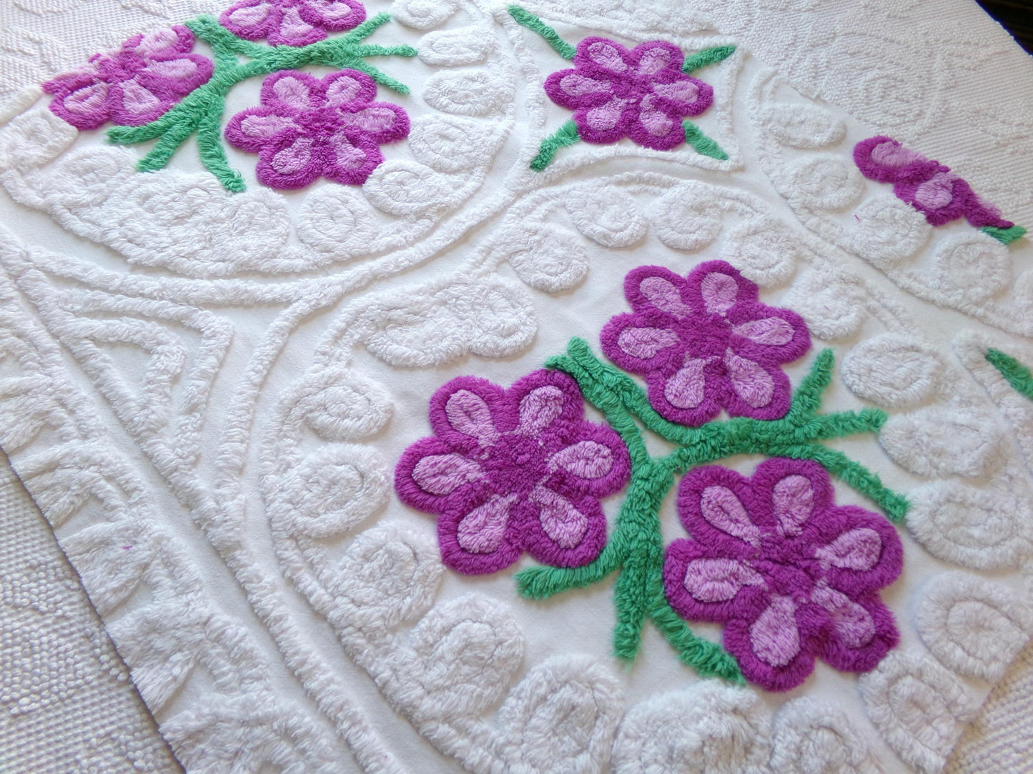 Lilac Garden Blooms Vintage Chenille Fabric, Pretty 22" x 20" Piece of Plush White Cotton Sewing Material Upcycle into Quilts & Crafts
