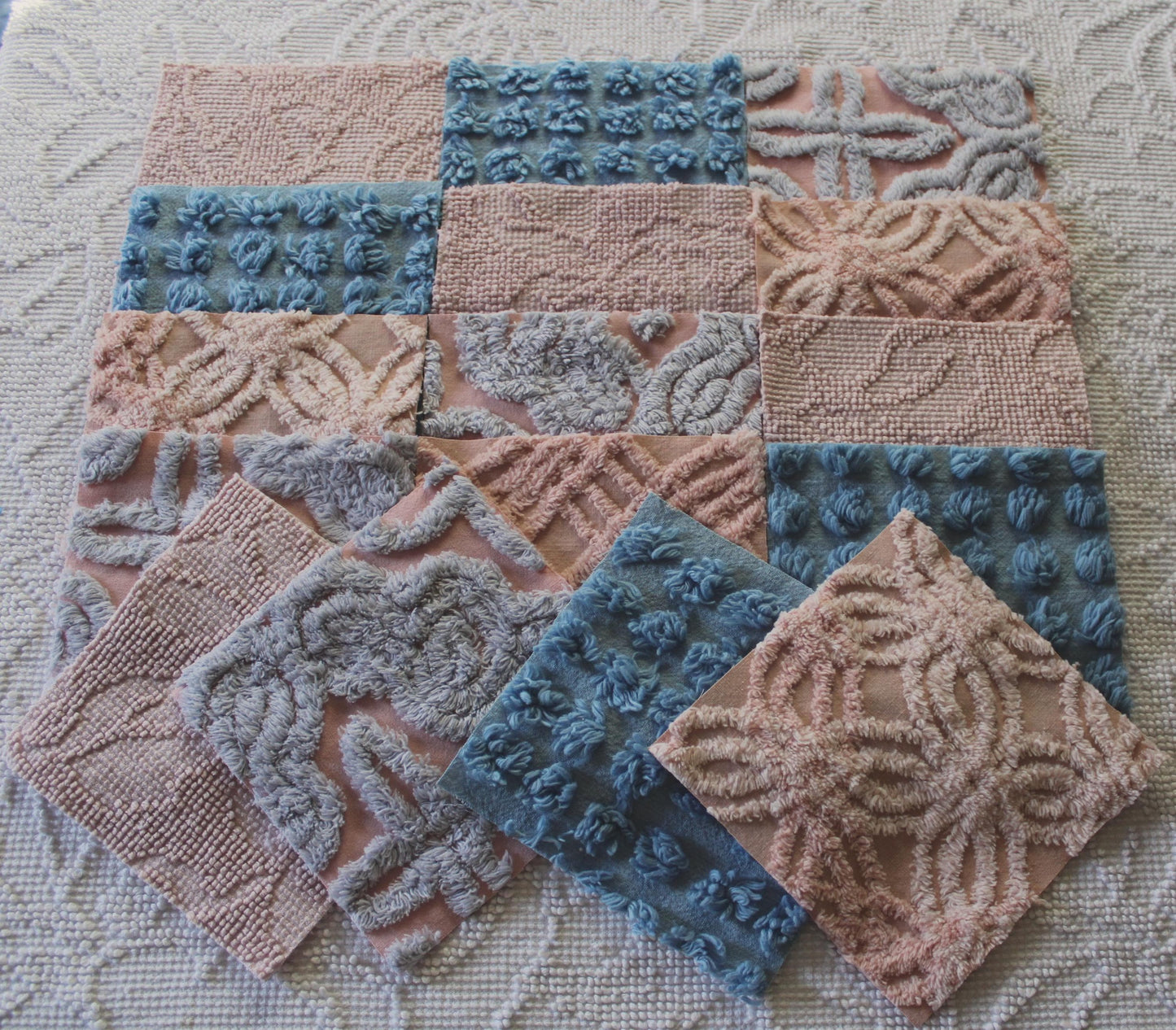 starry twilight chenille fabric squares, set of 16 vintage quilt blocks 6" inches ea, dreamy serene blue, rose mist, pink shades