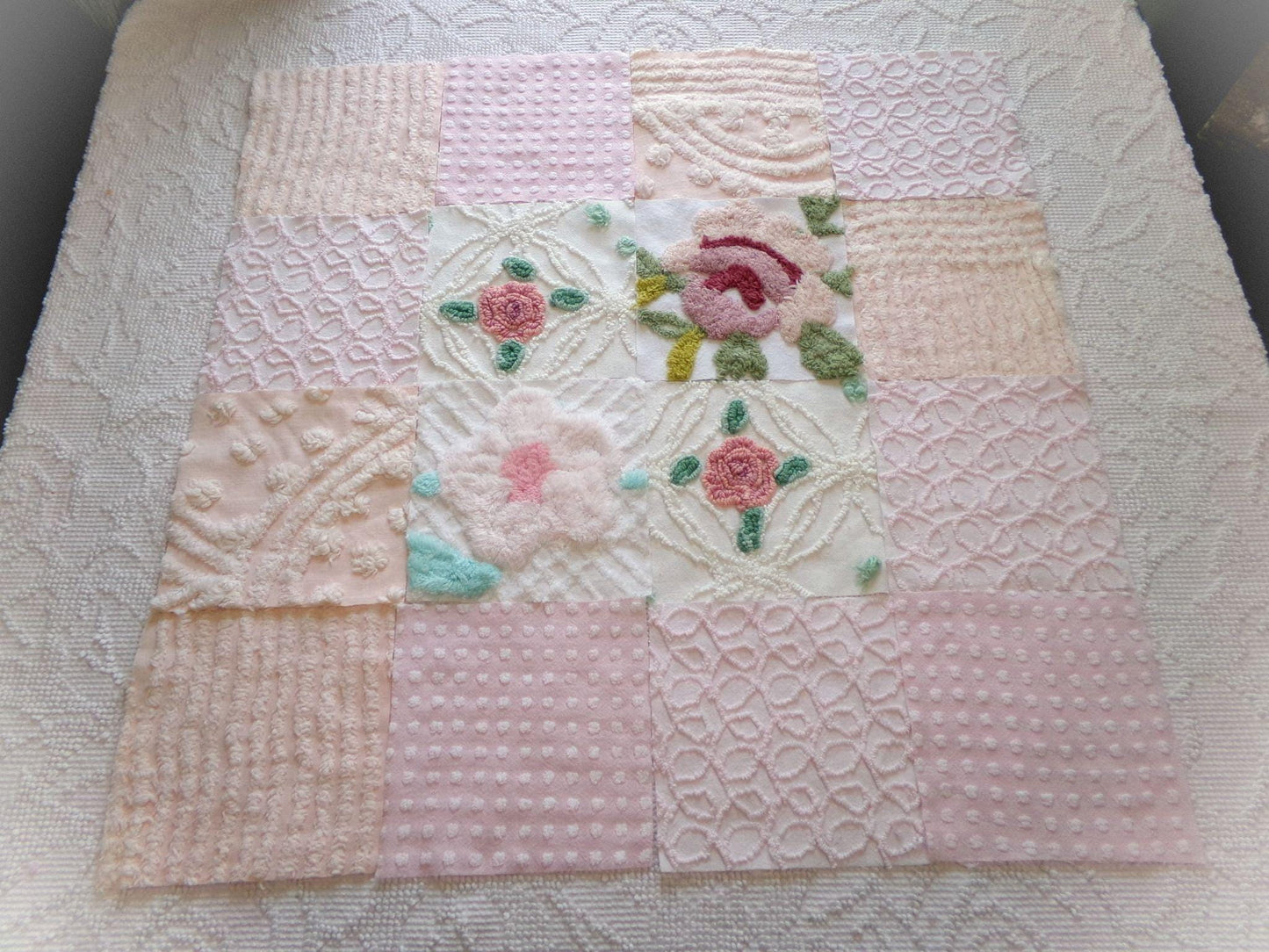 fairy flowers chenille fabric squares, set of 16 vintage craft quilt blocks 6" inches ea, soft pink, peach & floral