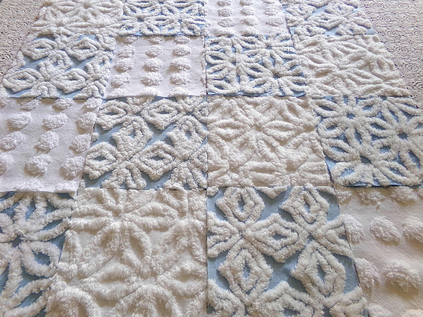 Breezy Blue & White Chenille Fabric Squares Set, 16 Vintage Quilt Blocks, 6" x 6" inches each, for Quilting, Sewing, DIY Pillows