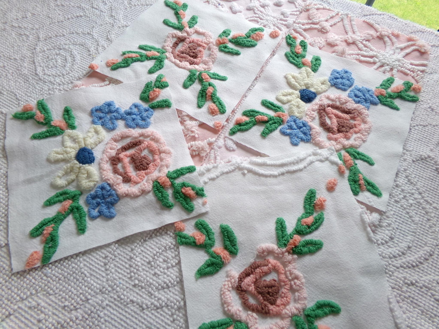 shabby fantasy florals chenille fabric squares, set of 8 vintage 7.5" quilt blocks, pink & white wildflowers for sewing, crafts, quilting