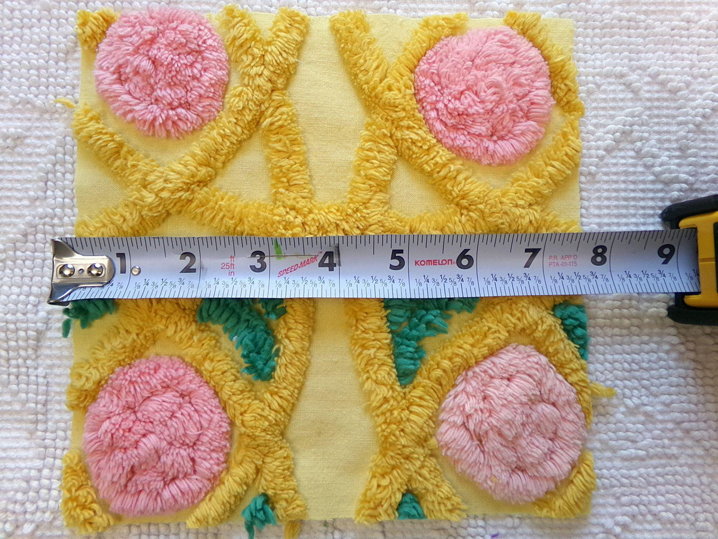spring sun chenille fabric squares, 7.5" vintage quilt blocks, pink, gold, yellow floral & geometric, set of 6 for sewing, crafts, quilting