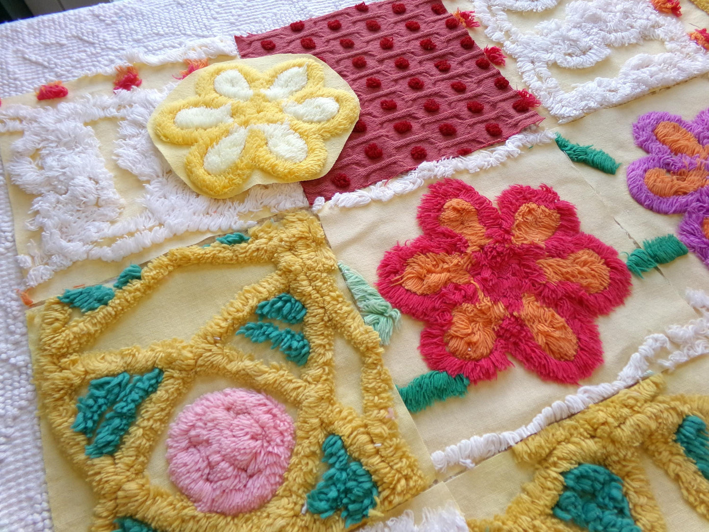 16 vintage 6" chenille fabric squares, set of yellow red quilt blocks, roses & sunshine
