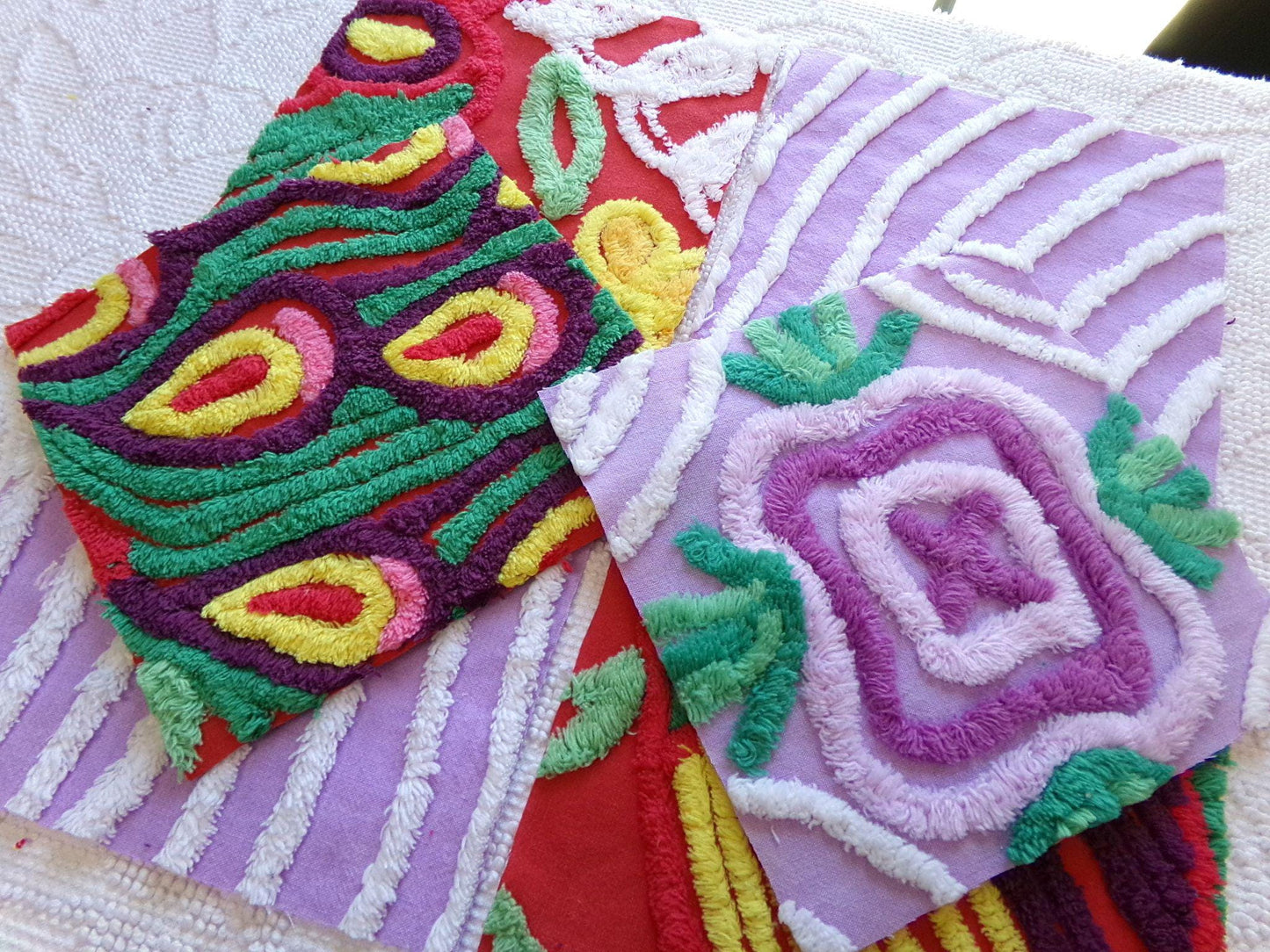sassy 'n sweet chenille fabric squares, 7.5" vintage quilt blocks in lavender & rich red, set of 6 for sewing, crafts, quilting