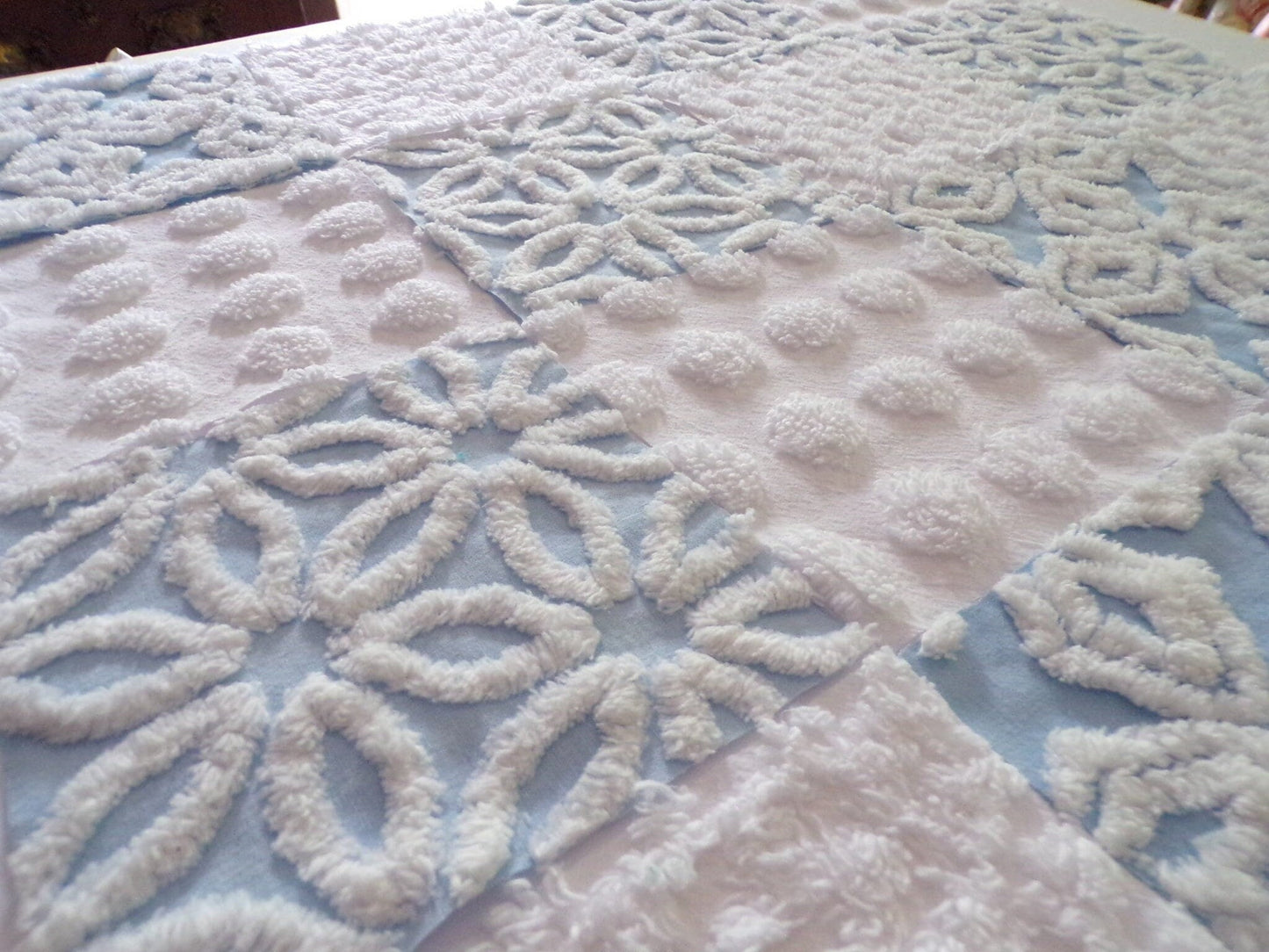 Coastal Classics Quilt Squares Set, from Vintage Chenille Bedspread Fabric, 16 Blocks, 6" x 6" inch, Fluffy Plush Blue & White