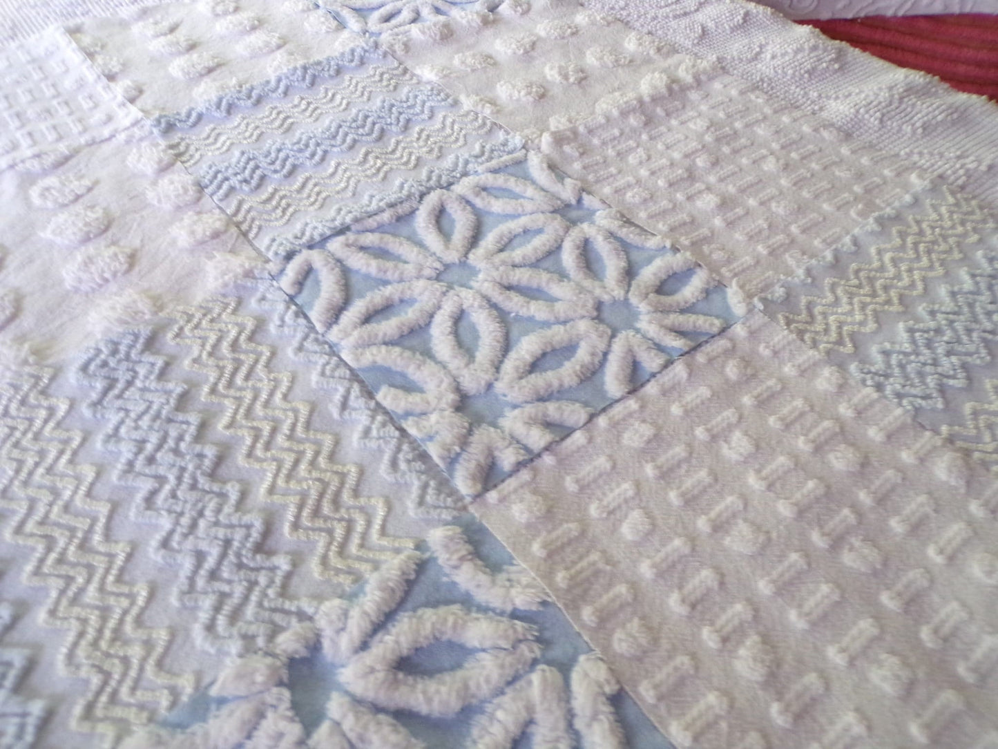Cool Blue & White Quilt Squares Set, Rotary Cut from Vintage Chenille Bedspread Fabric, 16 Blocks, 6" x 6" inch