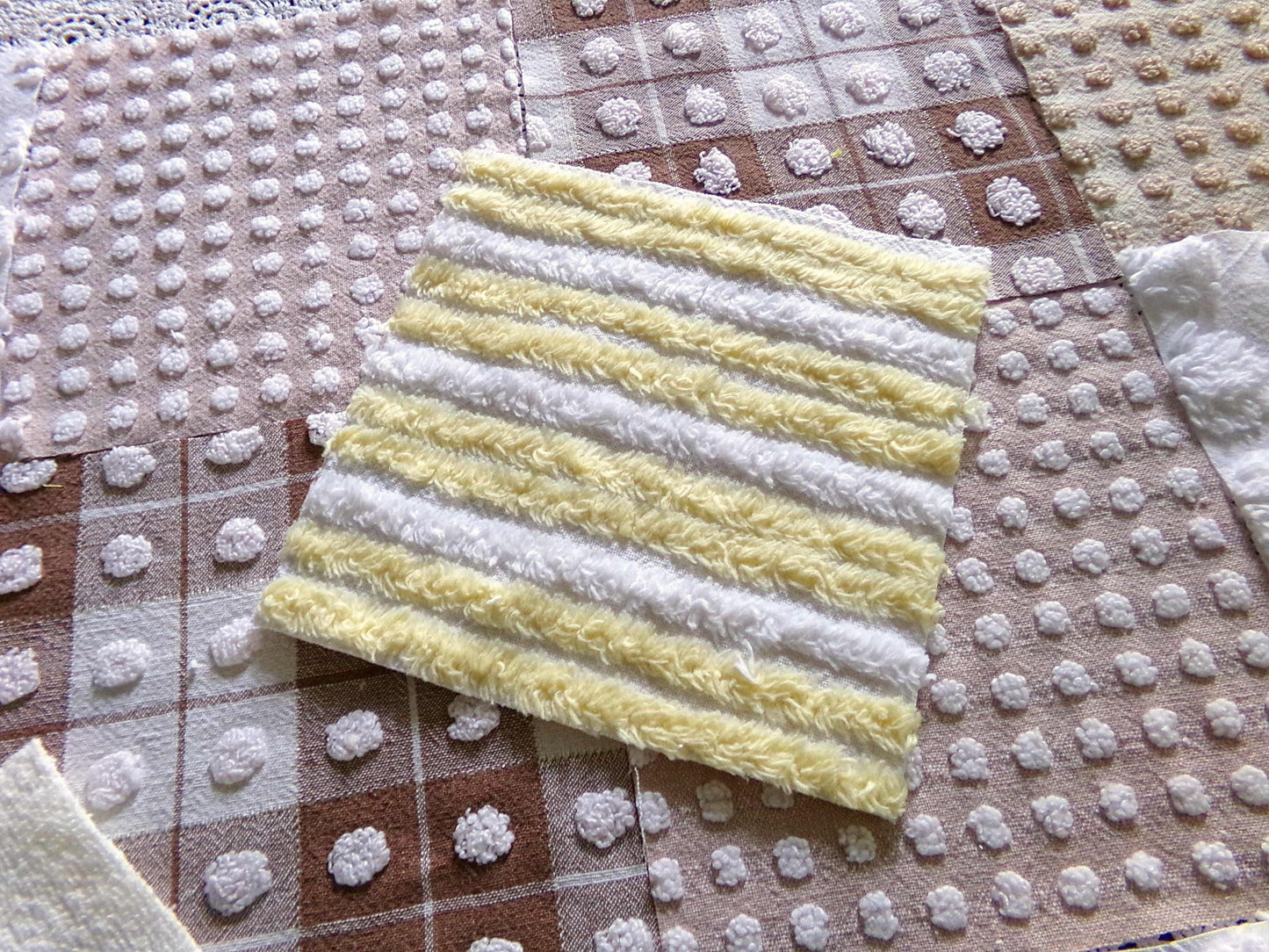 Novelty Chenille Fabric Squares Set, "Retro Diner" 16 Vintage Quilt Blocks, 6" x 6" inches each, for Quilting, Sewing, DIY Pillows