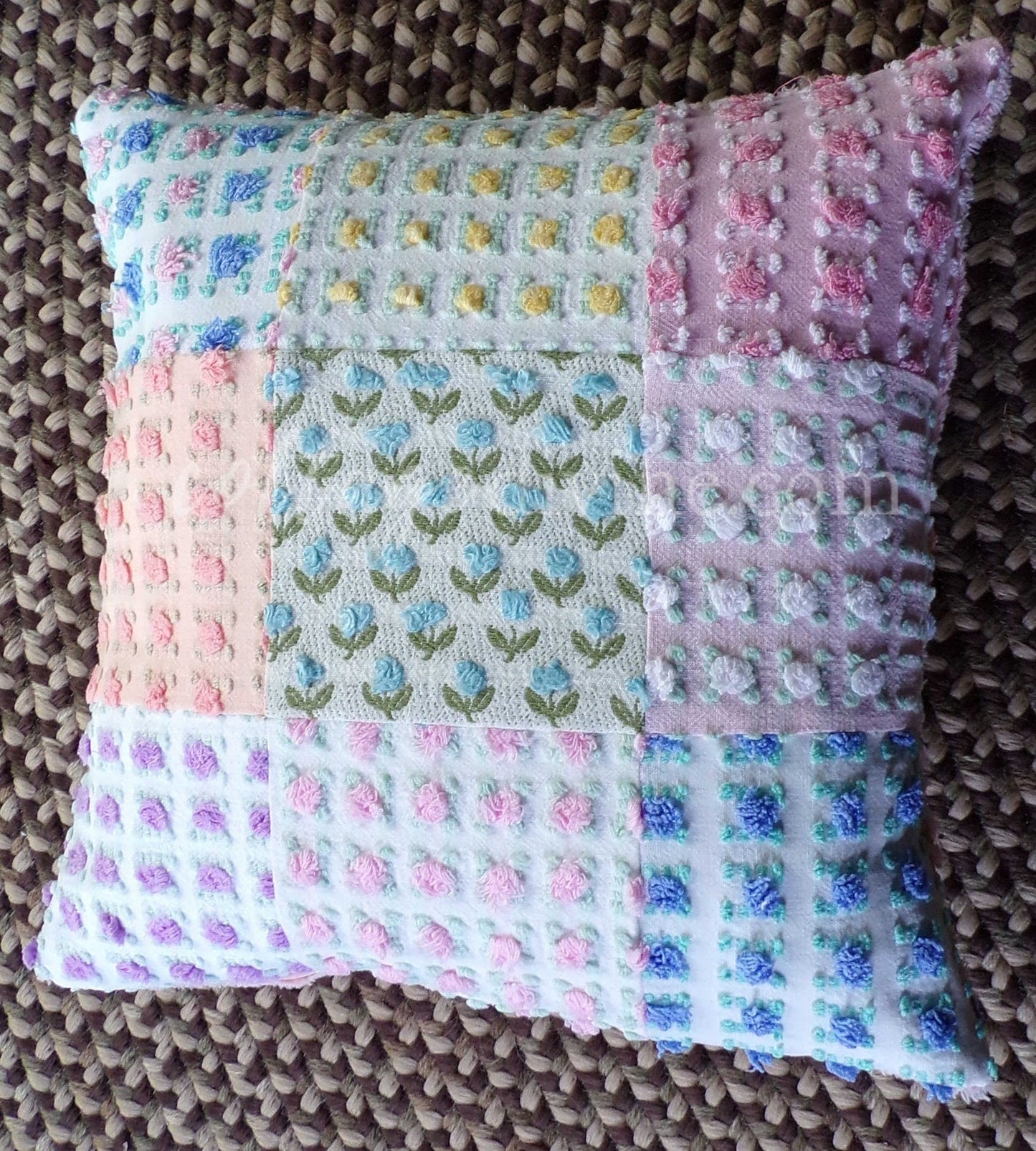 PATCHWORK Roses Floral Chenille Pillow Cover 16" x 16" inch Square, REVERSIBLE Accent Pillow Designed from Vintage Chenille Bedspread Fabric