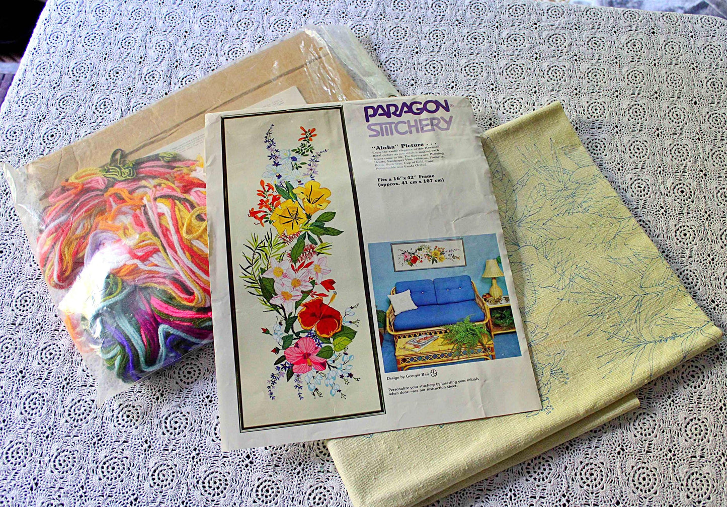 Boho Hawaii ALOHA Crewel Embroidery Kit, Vintage Paragon Stitchery #0101, 16" x 42" Large Tropical Floral Wall Hanging, Georgia Ball Design