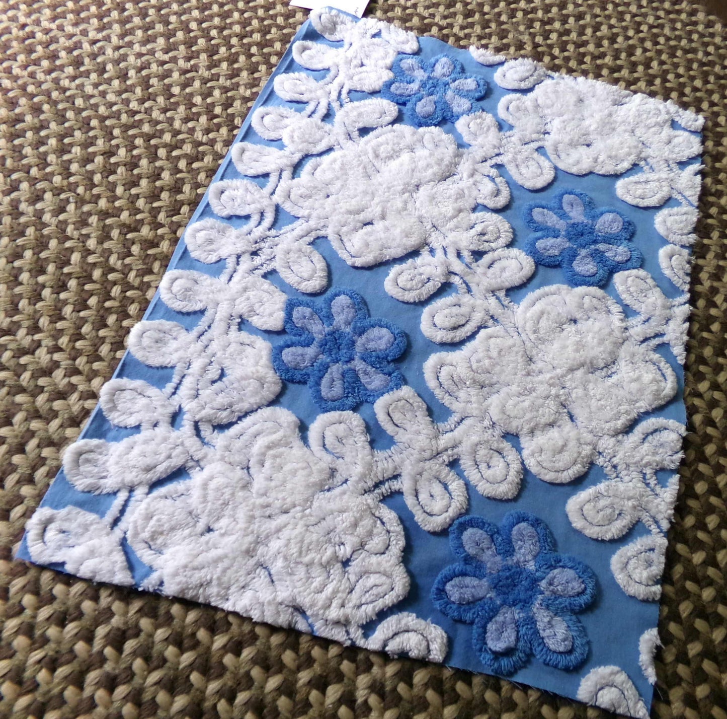 coastal cute blue chenille fabric, plush white swirls surround single flowers, 18" x 24" inch piece of vintage sewing material