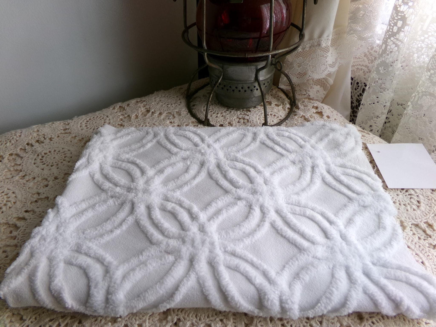 versatile white vintage chenille fabric, classic wedding ring design, 15.5" x 23" inch piece of sewing material for quilts, crafts