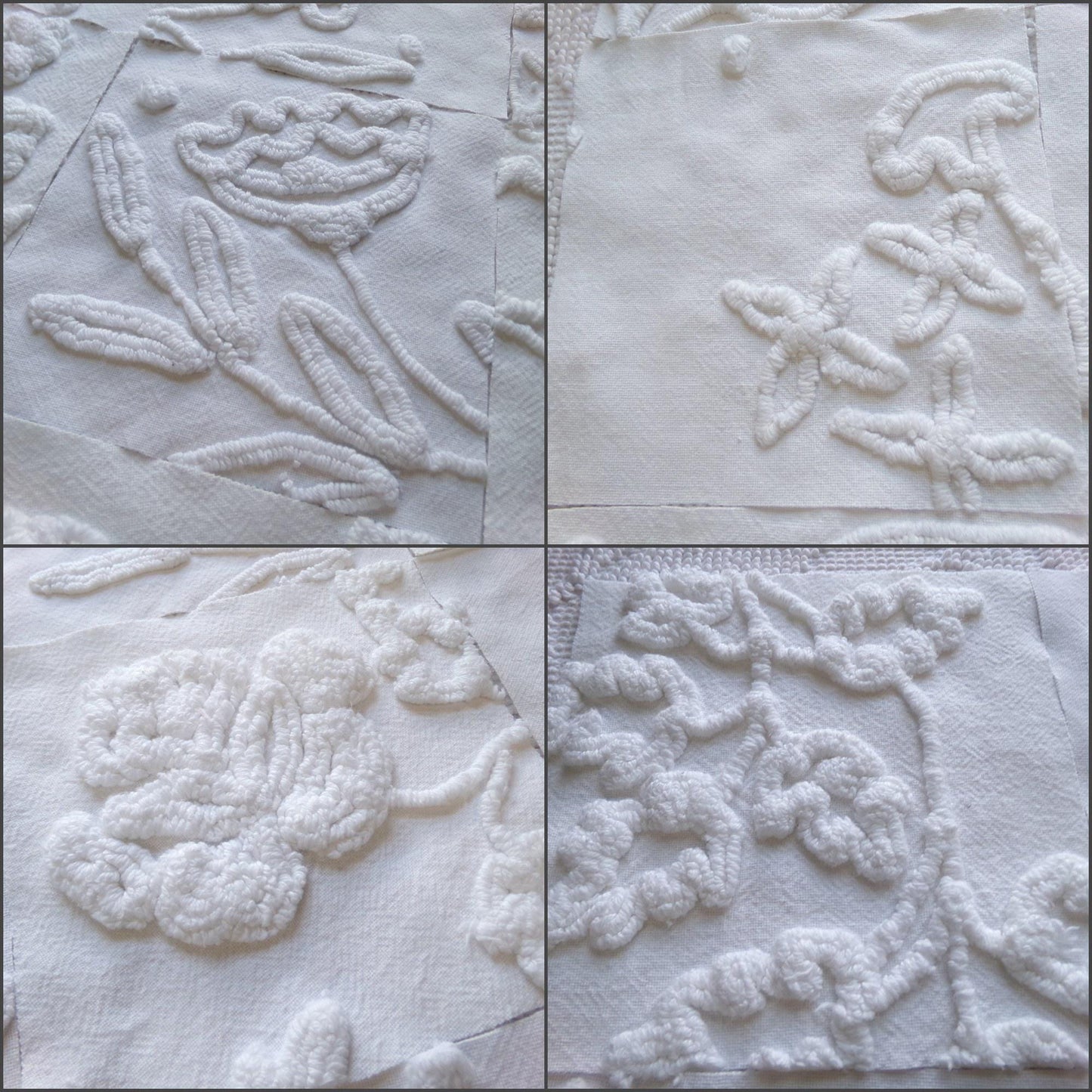 Vintage Chenille Fabric Squares in Winter Garden White Florals from Vintage Bedspread Fabric, Set of 16 Quilt Blocks, 6" x 6" inch