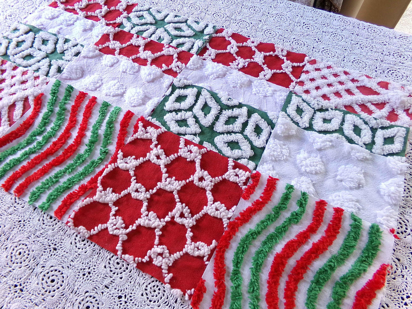 Christmas chenille fabric squares, red, white & green, 16 vintage quilt blocks 6" x 6" inch, for xmas stockings, pillows, quilting, crafts