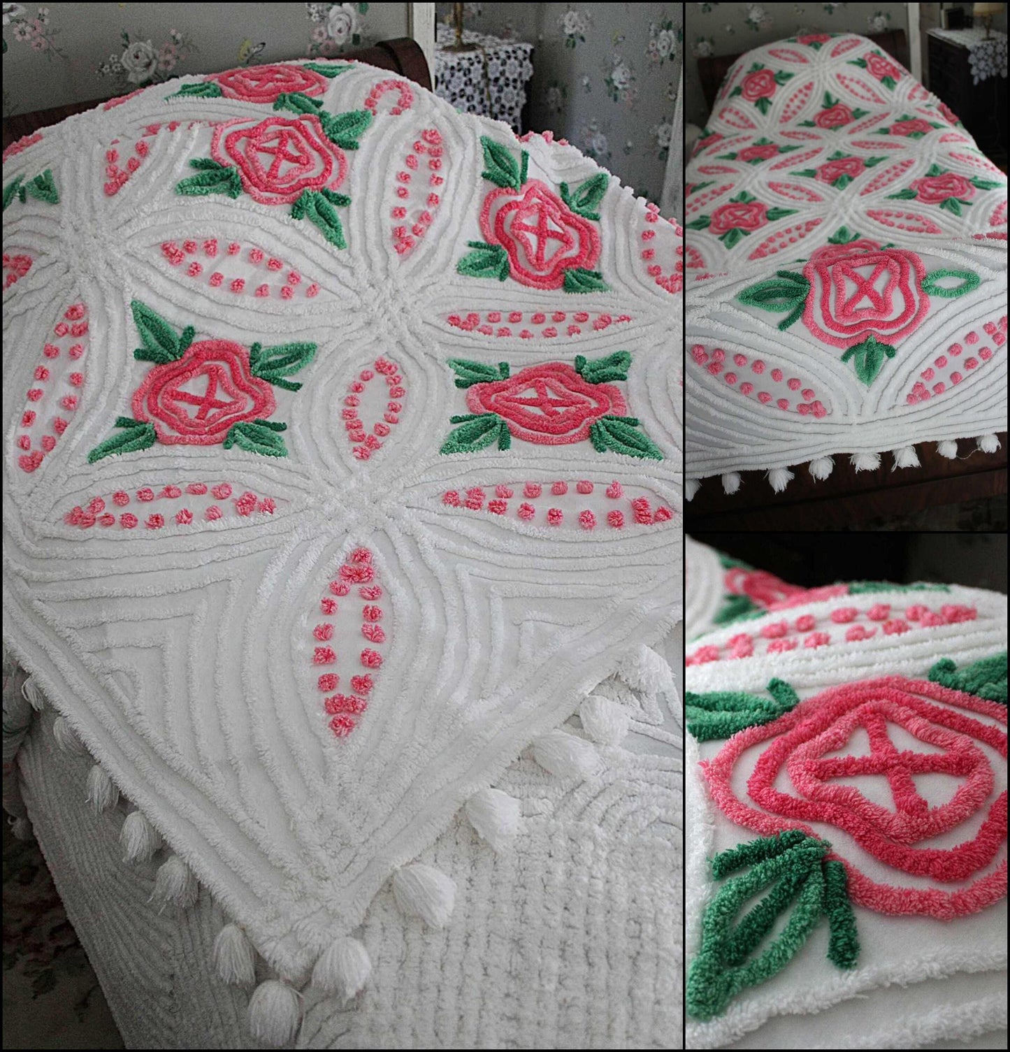 princess pink rose vintage chenille bedspread, cabbage roses on white with pom pom trim, 100% cotton full size cottage bedding