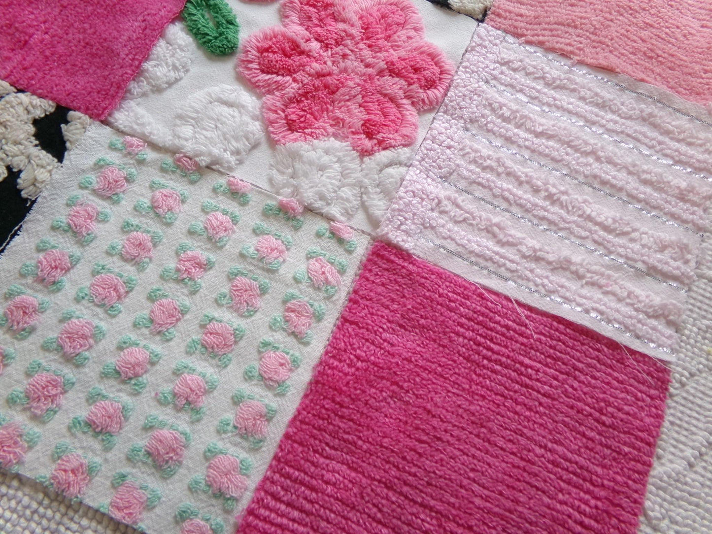 french cafe chenille squares, set of 16 vintage pink & black 6" fabric blocks, chic designs for quilt inlays, pillows, fiber arts