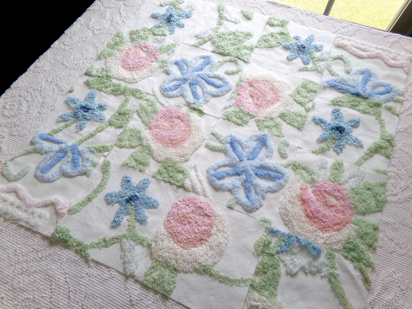 vintage chenille fabric squares, "garden club winner" set of 16 beautiful floral 6" quilt blocks for quilting, crafts, sewing