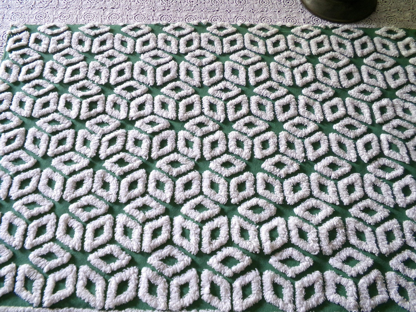 Forest Green Snowflakes Vintage Chenille Material, 18" x 25" inch Fabric Piece, 100% Cotton, Geometric Wedge White Snowflake Design