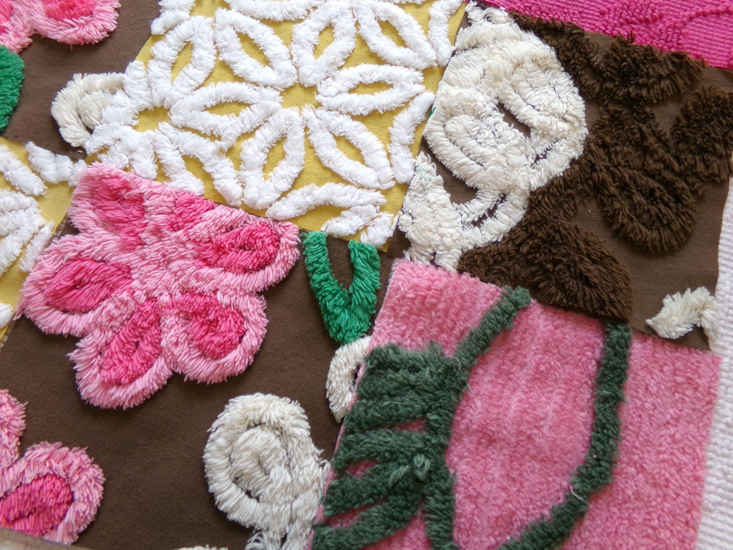 vintage chenille fabric squares, "fairy trail" set of 16 chocolate & pink 6" quilt blocks for quilting, crafts, sewing