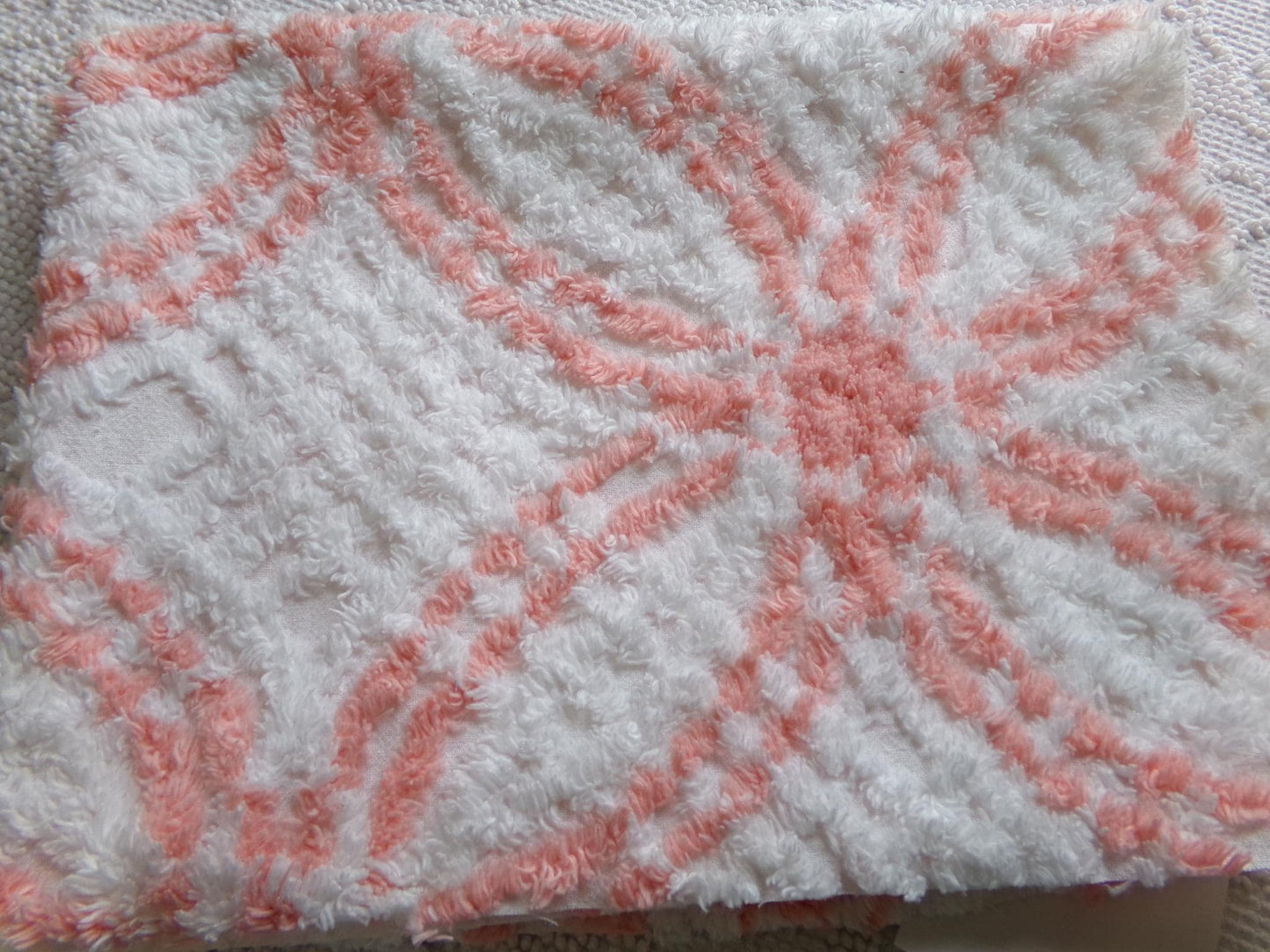 creamsicle peach & white chenille fabric piece, vintage cotton quilt material, wedding ring design, 18" x 23"
