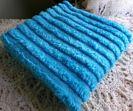 ELECTRIC AQUAMARINE Vintage Chenille Fabric, Eyepopping Blue Ribbed Stripes, 12" x 24" inch Piece, Bold Bright Color