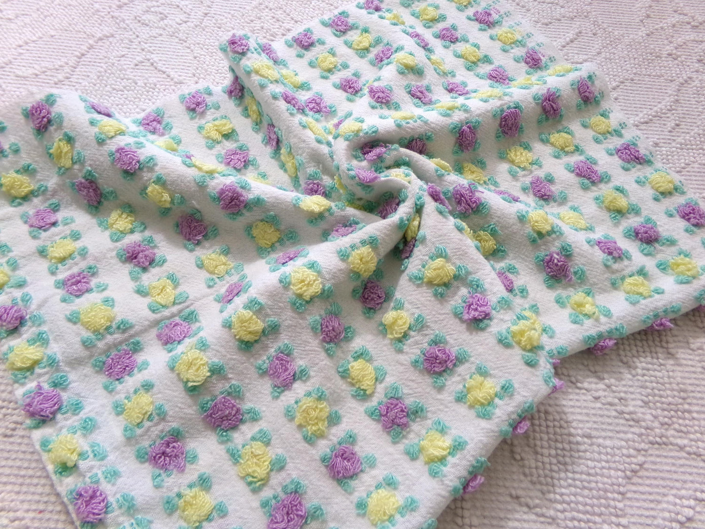 Rare Jewel Rosebud Vintage Chenille Fabric w/ Yellow & Amethyst Roses, 17" x 24" Cut Piece of Sewing, Quilt Material