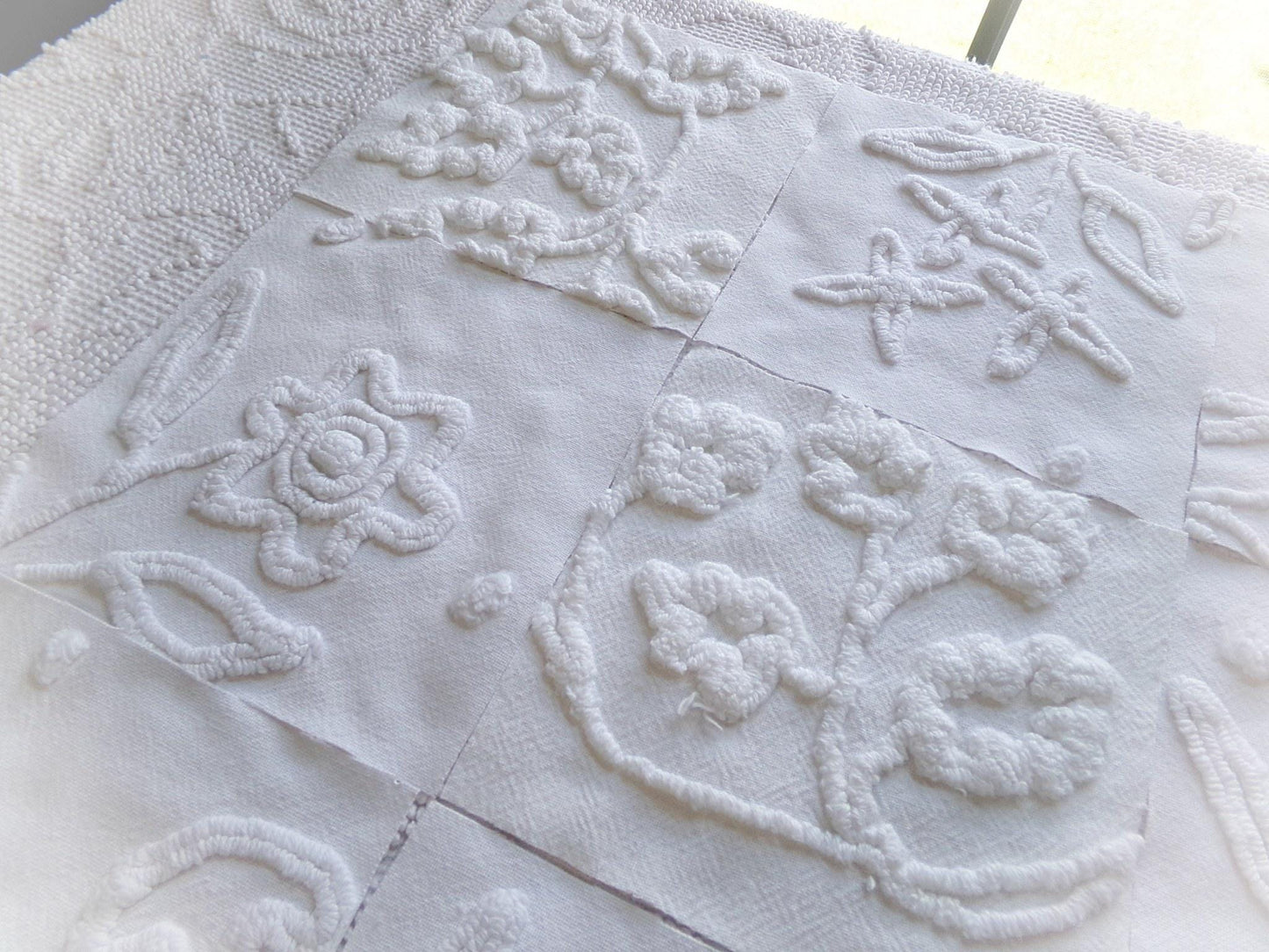 Vintage Chenille Fabric Squares in Winter Garden White Florals from Vintage Bedspread Fabric, Set of 16 Quilt Blocks, 6" x 6" inch