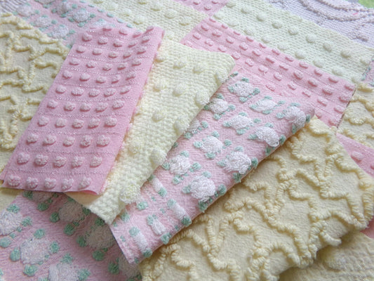 cheerful spring chenille fabric squares, set of 16 vintage pink & yellow quilt blocks 6" ea, rosebud, squiggles for crafts, quilting