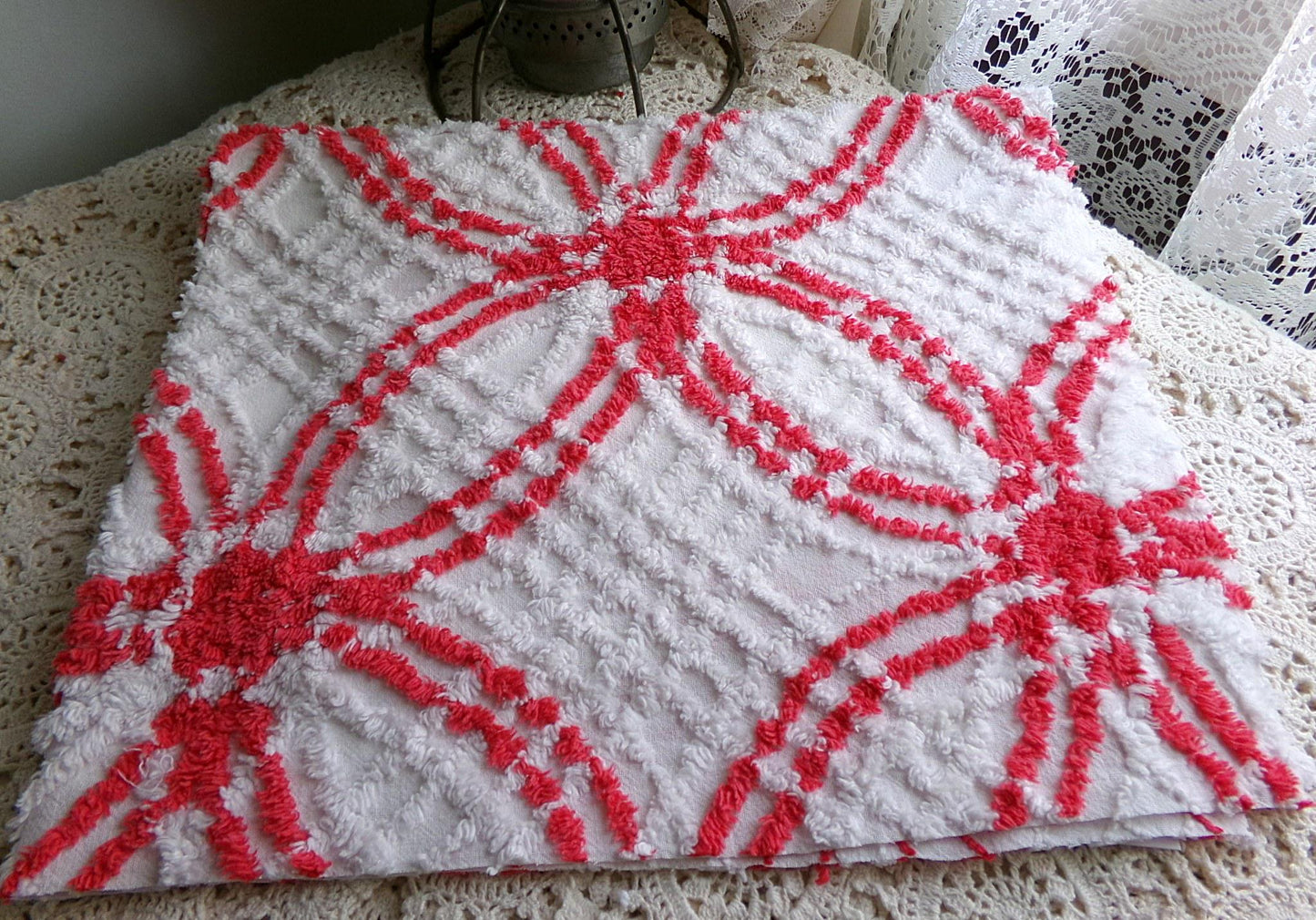 peppermint candy vintage chenille fabric, red & white wedding rings, 100% cotton, 20" x 25" inch piece, great in Christmas stockings, quilts