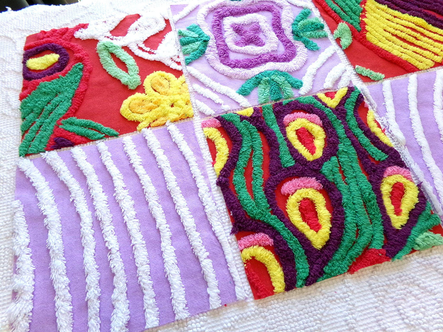 sassy 'n sweet chenille fabric squares, 7.5" vintage quilt blocks in lavender & rich red, set of 6 for sewing, crafts, quilting