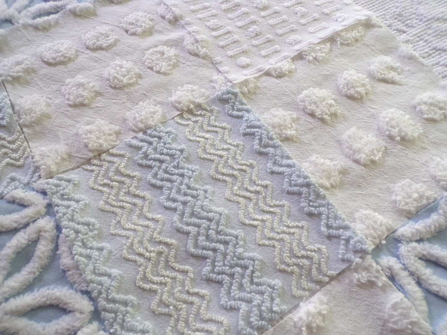 Cool Blue & White Quilt Squares Set, Rotary Cut from Vintage Chenille Bedspread Fabric, 16 Blocks, 6" x 6" inch