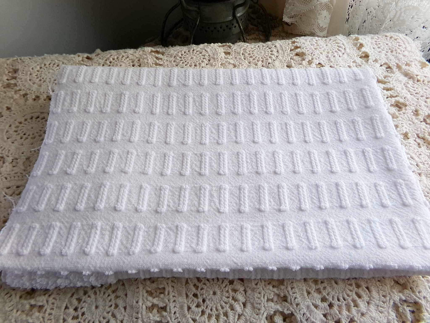 clean crisp white vintage chenille fabric: unique buttonhole design, 19" x 24" cut piece